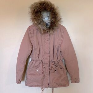 NEW H&M Coat with hood | insulated | faux fur |brown tan | hood removable | Sz 6